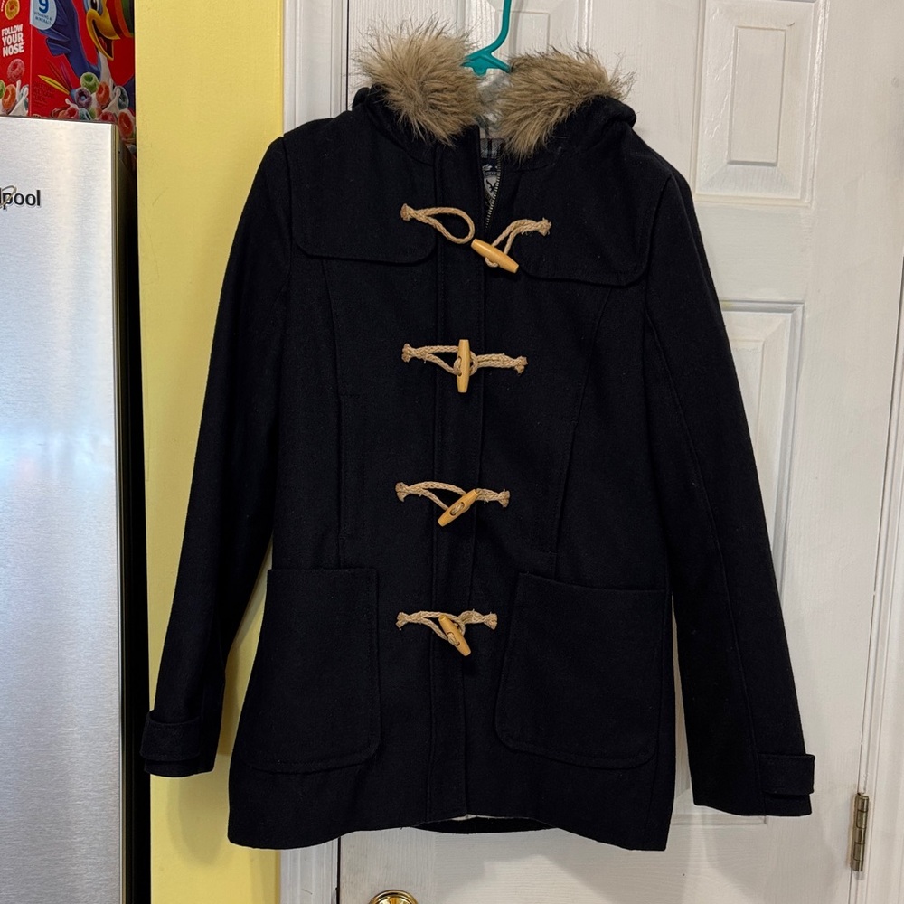American Eagle Outfitters Black Toggle Pea Coat with Fur Trim
